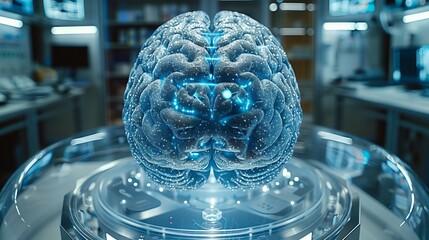 Poster - A holographic brain emits rhythmic light pulses within a modern laboratory, showcasing advanced technology and intricate design elements.