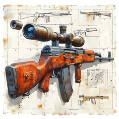 A Detailed Illustration of a Vintage Sniper Rifle with a Scope