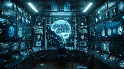 Poster - A close-up view of a glowing holographic brain in a high-tech lab, showcasing advanced technology and research efforts in brain studies.