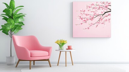 Wall Mural - A high-resolution of a Elegant Living Room, Pink Armchair, and Cherry Blossom Painting