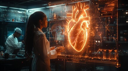 Poster - A scientist examines a holographic heart display while colleagues conduct research in a high-tech lab.