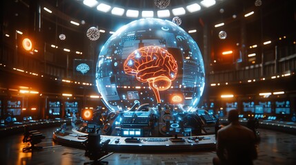 Poster - A cutting-edge lab showcases an interactive brain model surrounded by advanced technology, emphasizing innovative research and futuristic design.