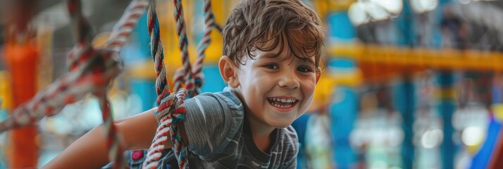 Children having fun at an indoor play center playground with a boy climbing the ropes