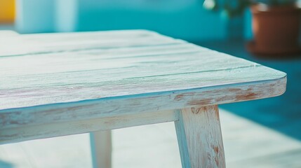 Aufkleber - Minimalist Light Blue Stucco Table on a Calm Beach with Tranquil Waves - Natural Serene Aesthetic for Product Display