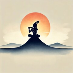 Poster - Watercolor illustration of lord krishna silhouette playing flute for janmashtami.