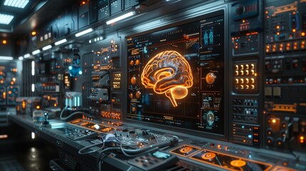 Poster - A high-tech lab equipped with advanced systems monitors an intricate neural interface, showcasing innovation and futuristic design.