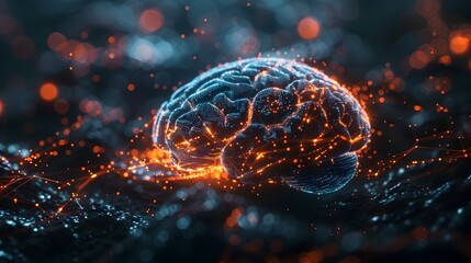 Poster - glowing brain with neural connections on dark abstract background