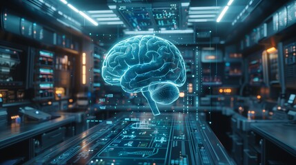 Poster - A futuristic lab showcases a holographic brain, surrounded by advanced technology and glowing screens during an evening setting.