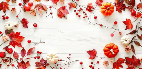 autumn leaves background, festive autumn decor from pumpkins, berries and leaves on a white wooden background. Concept of Thanksgiving day or Halloween. Flat lay autumn composition with copy space.