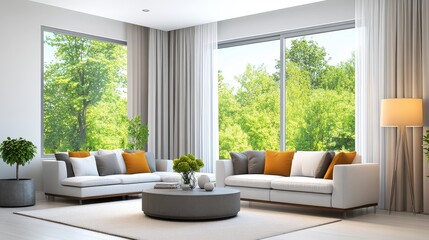 Wall Mural - A high-resolution of a Modern Furniture, Window with Curtains in Stylish Room Interior