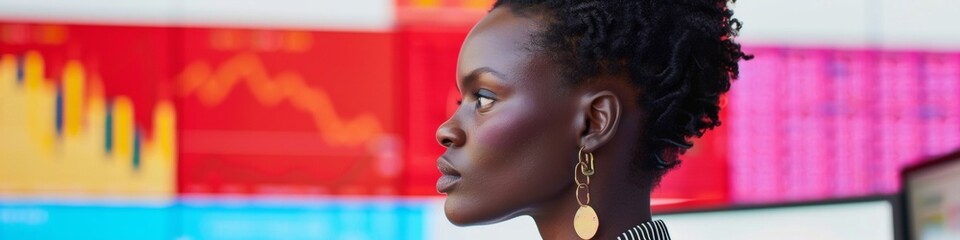 Poster - Professional Black Woman Analyzing Stock Market Trends in Modern Office, Focused on Financial Growth and Strategy