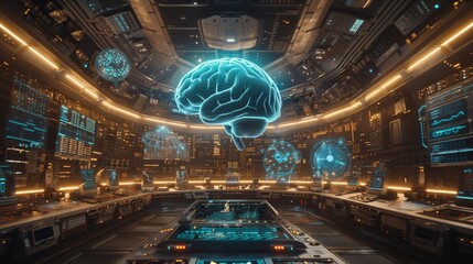 Poster - A cutting-edge lab filled with holographic brain models and high-tech interfaces, illustrating advanced scientific research and neural interaction.