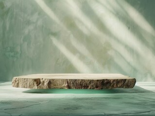 Aufkleber - Minimalist Textured Wooden Podium with Green Glow on Soft Beige Gradient Background in Bright Natural Light