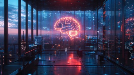 Poster - A modern laboratory features a glowing brain design against glass walls, showcasing a breathtaking city view as the sun sets.