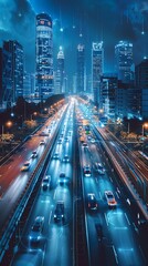 Canvas Print - Futuristic AI driven Smart City with Autonomous Vehicles and Robots Illuminating the Night Skyline