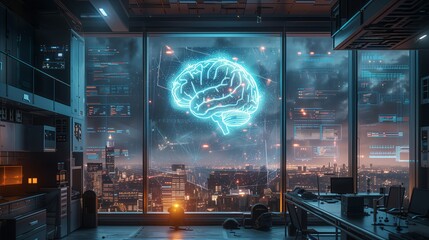 Canvas Print - A futuristic laboratory features a glowing brain design, overlooking a vibrant city skyline at night, highlighting cutting-edge technology and innovation.