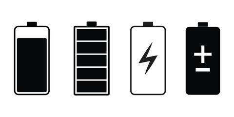 Poster - Battery icons set. Symbol of different level of accumulator charge. Battery icon vector set isolated on white background. Battery level display mark set. Vector illustration.