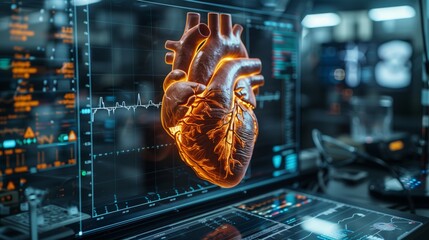 Poster - A holographic representation of a human heart beats rhythmically while displayed on a digital interface in a futuristic laboratory.
