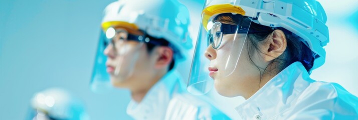 Aufkleber - Asian Male and Female Scientists Analyzing Data on Transparent Screens in a Modern Lab with Advanced Technology and Robots