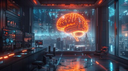 Poster - A modern laboratory equipped with advanced technology showcases a glowing digital brain against a vibrant city skyline at night.