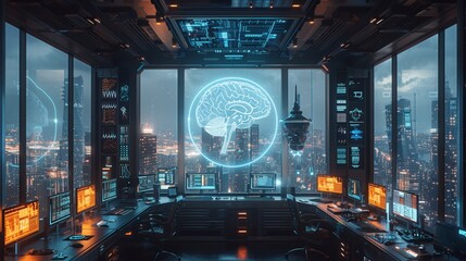 Poster - Futuristic laboratory displays neural interface technology, illuminated screens, and a panoramic city view against a dusk backdrop.
