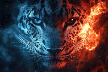 Poster - Close-up of a Snow Leopard's Face with Flames on One Side