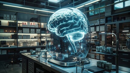 Poster - A modern lab showcases a holographic brain display, while researchers examine advanced medical technology and equipment.