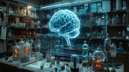 Wall Mural - A modern lab equipped with advanced medical technology and focusing on neuroscience research, showcasing a holographic brain model and various instruments.