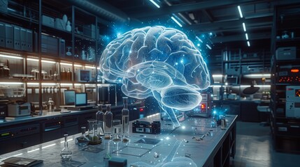 Poster - A modern laboratory bustling with advanced technology and medical research activities focused on brain studies and innovative health solutions.
