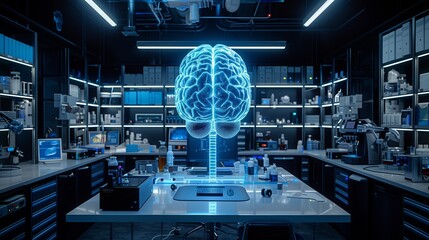 Poster - A modern lab showcases advanced medical technology with a holographic brain model at its center, surrounded by various scientific equipment and research tools.