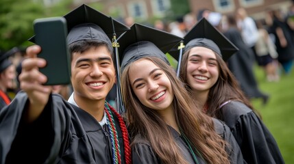 Wall Mural - Friends in graduation caps and gowns smile broadly while taking a selfie together in a joyful celebration outdoors amidst their peers