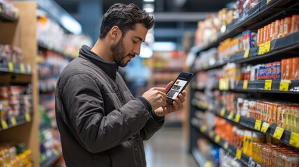 A man scans a QR code on a product using his smartphone in a grocery store aisle filled with various items