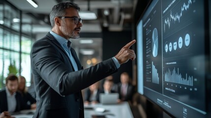 Wall Mural - A speaker captivates the audience in a modern conference room by pointing at a digital display filled with data visualizations and statistics