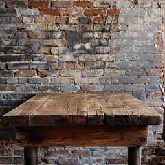 Canvas Print - Rustic Wooden Table Against Brick Wall in Industrial Loft Setting for Trendy Product Display