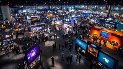 Wall Mural - Numerous booths fill the bustling expo floor as attendees walk around, networking and exploring opportunities at the vibrant industry event