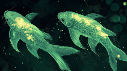 Canvas Print - Two luminous koi fish gracefully swimming in dark green waters, highlighted by a glowing, ethereal light