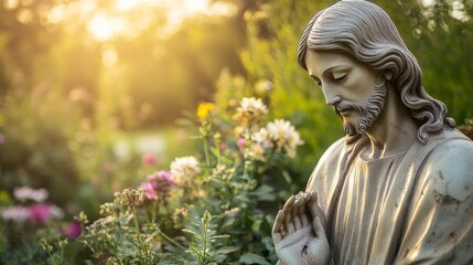 Wall Mural - A statue of Jesus Christ kneels in a peaceful garden, surrounded by colorful flowers and rich greenery, illuminated by the warm glow of the setting sun