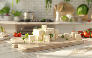 tofu cubes on wooden board in kitchen