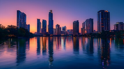 Sticker - Serene Cityscape at Twilight with Lights Reflecting on Calm River