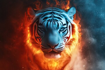 Wall Mural - A White Tiger Surrounded by Flames and Smoke