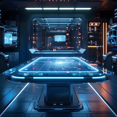 Poster - futuristic holographic table in high tech lab ready for innovative product display