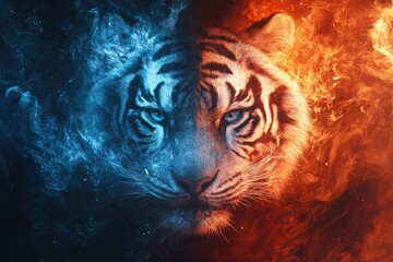 Wall Mural - A Tiger's Face Split by Ice and Fire