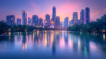 Poster - Mesmerizing Cityscape of Towering Skyscrapers Reflecting on Tranquil River at Dusk