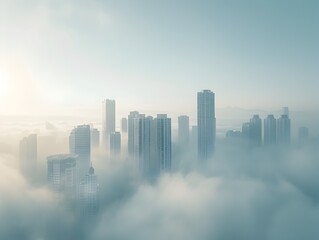 Wall Mural - Misty Skyline of Towering Skyscrapers Emerging Through the Morning Fog