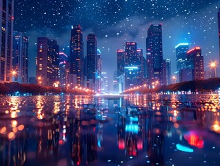 Canvas Print - Glittering Cityscape at Night with Reflective Streets and Starry Sky