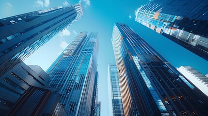 Wall Mural - Towering Skyscrapers Reach for the Blue Sky in Bustling Urban Cityscape