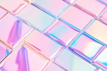 Poster - grid of iridescent tiles reflecting a spectrum of colors, Each tile displays a unique blend of pastel hues and metallic sheen