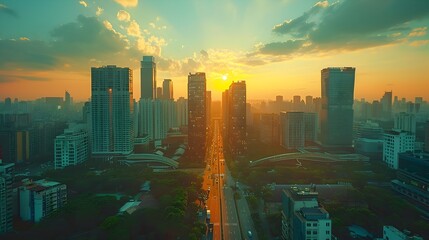 Wall Mural - Soaring Skyline of a Futuristic Metropolis Interconnected by Sleek Skybridges at Sunset