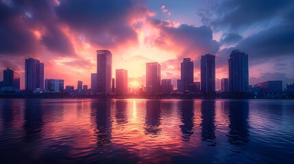 Poster - Vibrant Sunrise Over Towering Cityscape Mirrored in Calm River