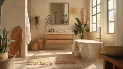 Wall Mural - In this Scandinavian bathroom with a beige, boho design, natural light creates a warm atmosphere that highlights the aesthetics of the space.